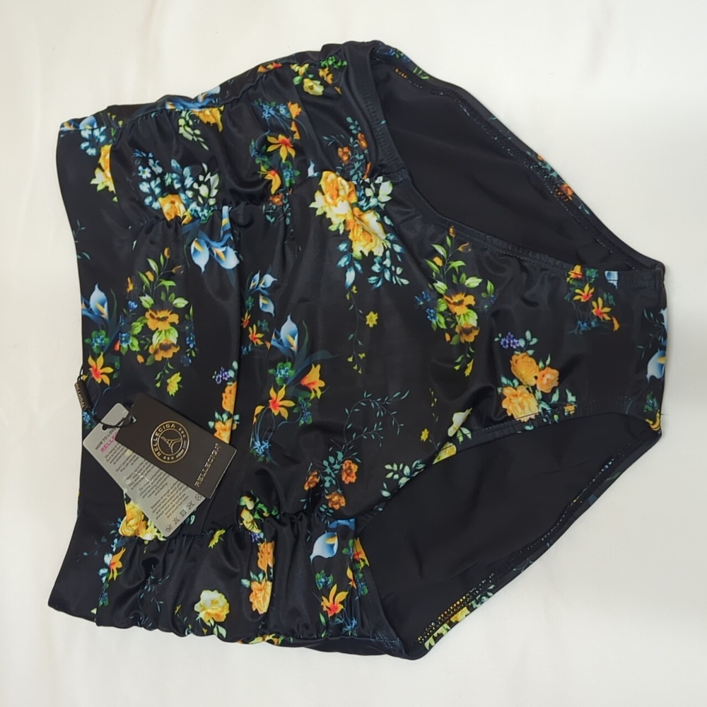 RELLECIGA Black Floral High-Waisted Rouched Bikini Bottom